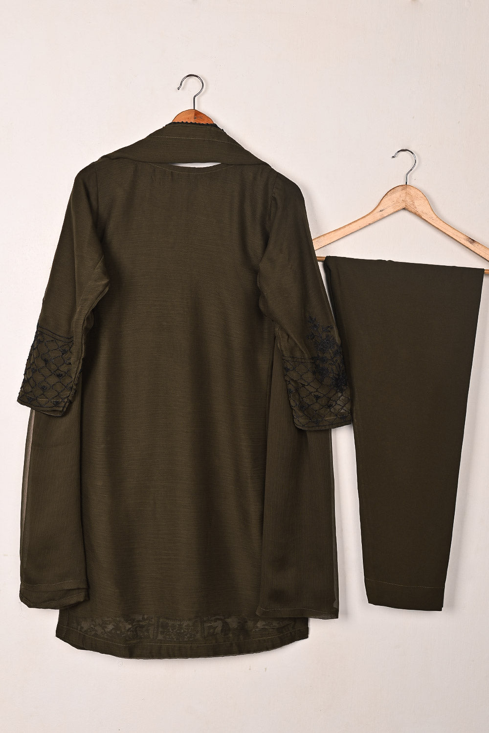 RTW-200-Mehndi - 3Pc Ready to Wear Embroidered Chiffon Dress