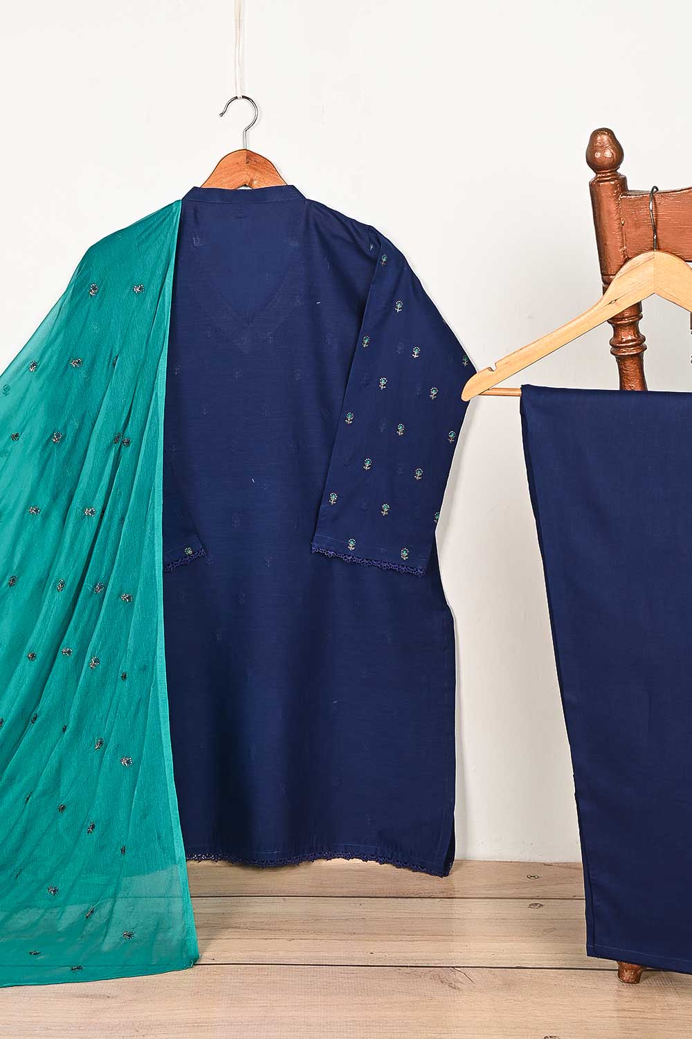 3SP-10A-Blue - 3PC COTTON EMBROIDERED Dress With Chiffon Embroidered Dupatta