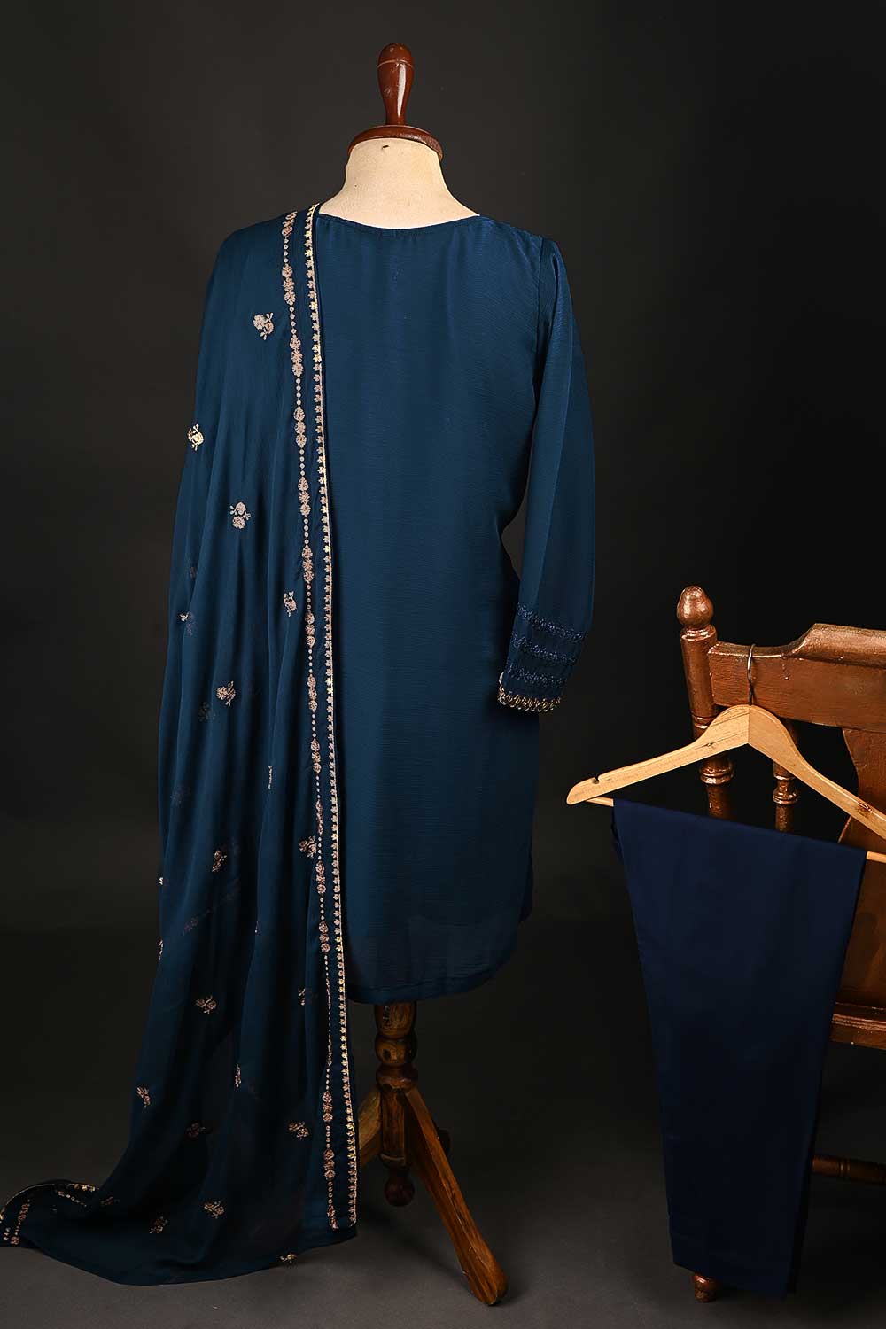 RTW-153-NavyBlue - 3Pc Stitched Chiffon Shirt