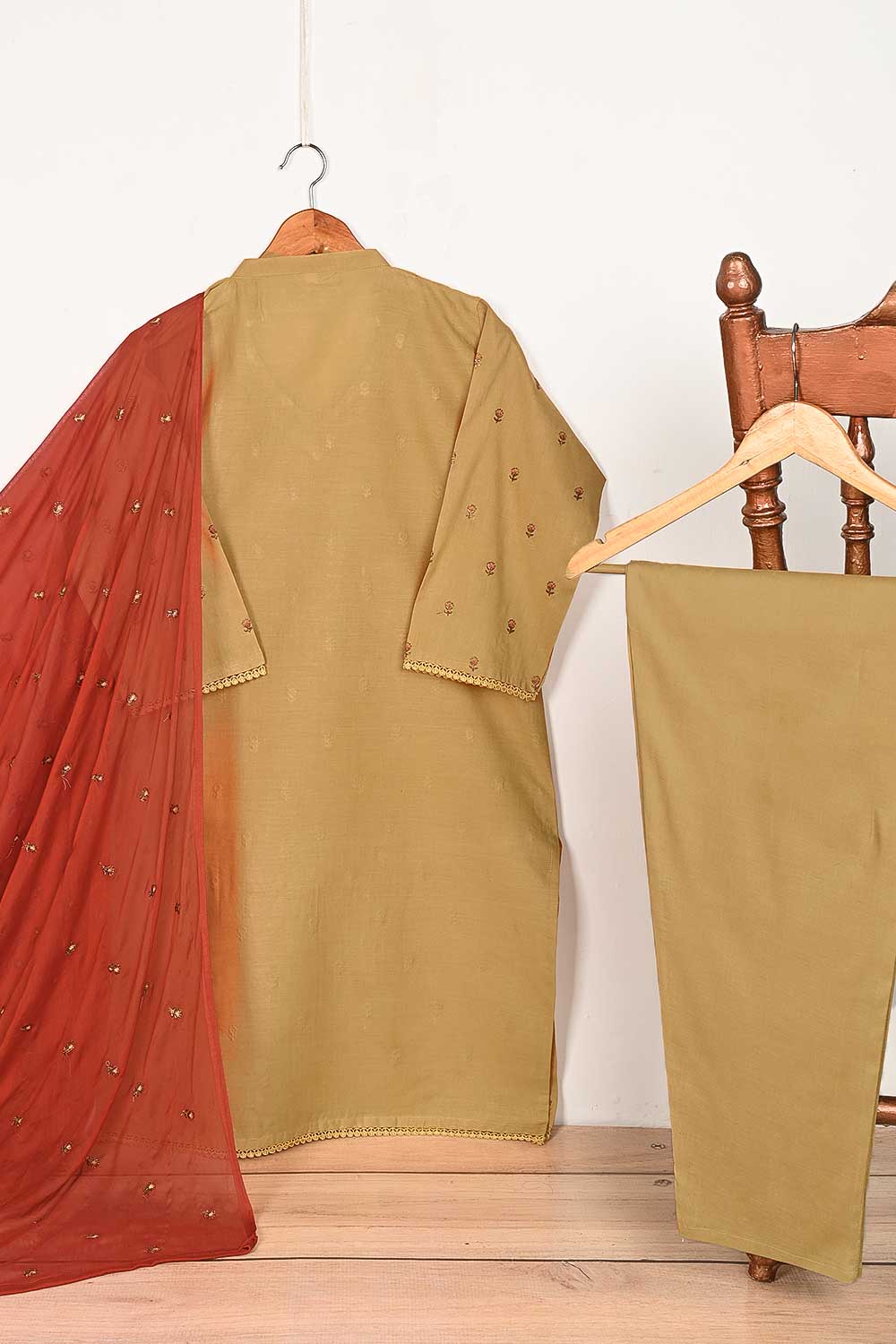 3SP-10B-Skin - 3Pc Cotton Embroidered Dress With Chiffon Embroidered Dupatta