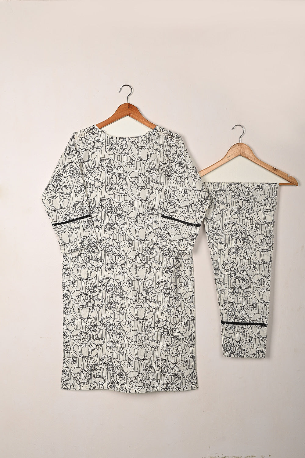 STP-238A-Off White - 2 Pc Ready to Wear Cambric Printed Co-Ord Dress