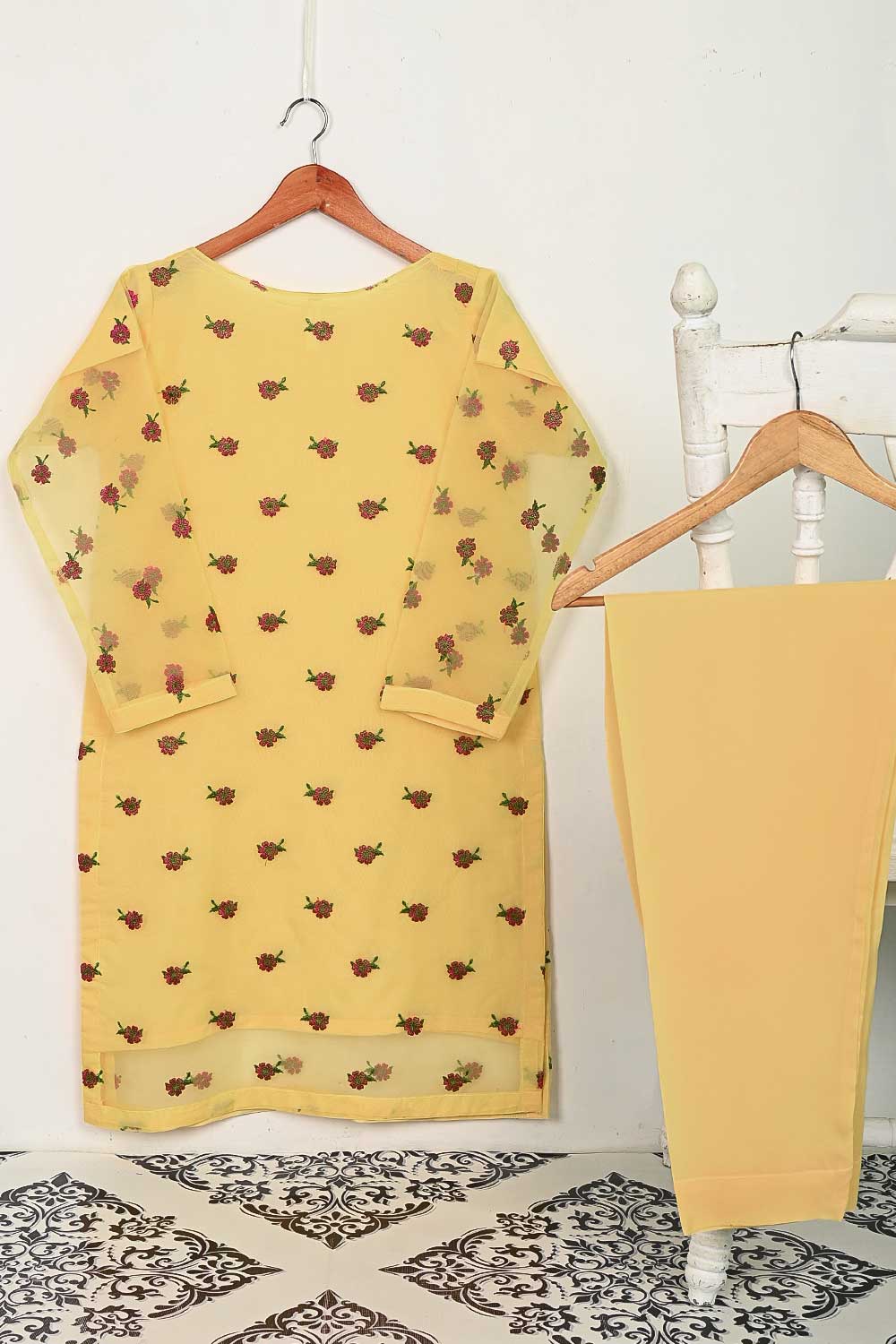STP-138A-Yellow - 2Pc Organza Embroidered With Malai Trouser