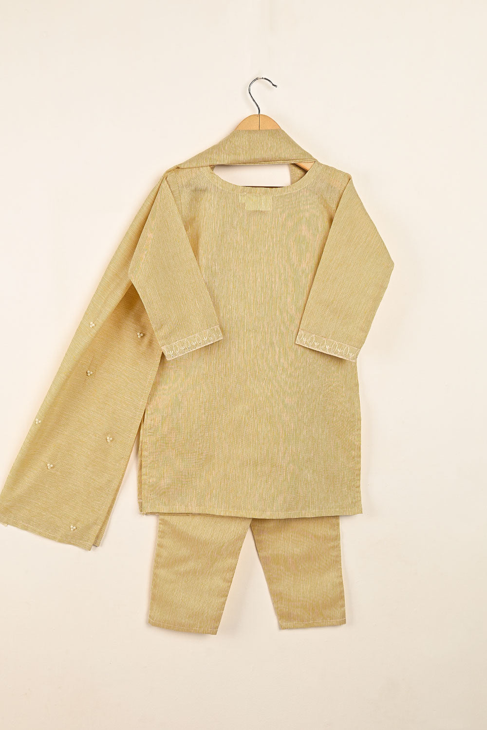 TKF-121-SKIN - Kids 3Pc Ready to Wear Embroidered Poly Slub Dress