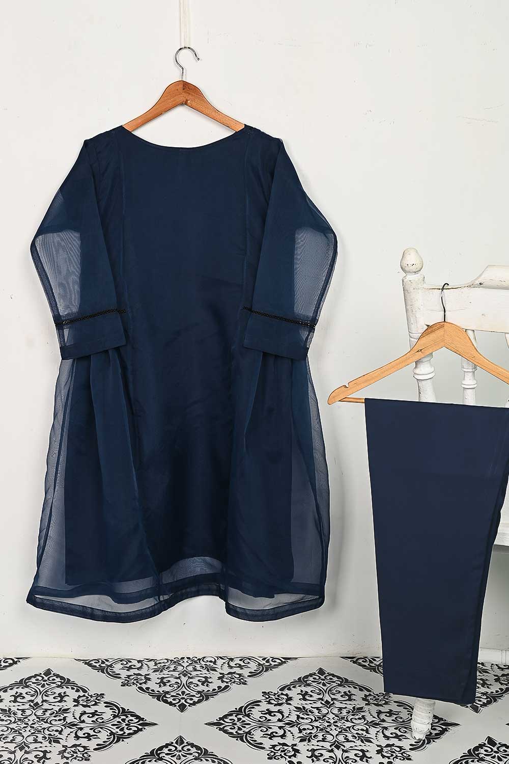 STP-145C-Blue - 2Pc Organza Frock With Malai Trouser