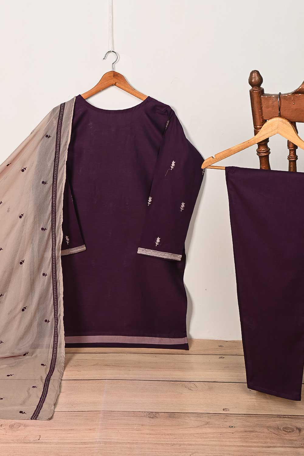 3SP-16A-Purple - 3PC COTTON EMBROIDERED Dress With Chiffon Embroidered Dupatta