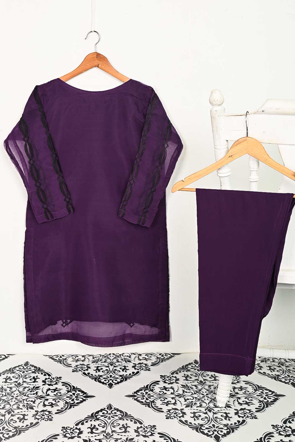 STP-140A-Purple - 2Pc Organza Embroidered With Malai Trouser