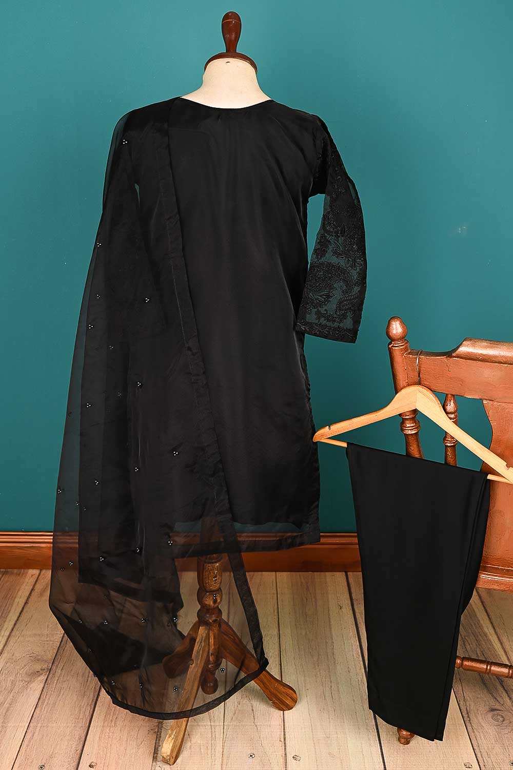 RTW-147-Black - 3Pc Stitched Organza Dress
