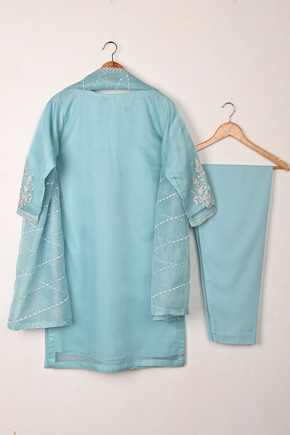 RTW-192-SkyBlue - 3Pc Ready to Wear 3Pc Javeria Net Embroidered Dress