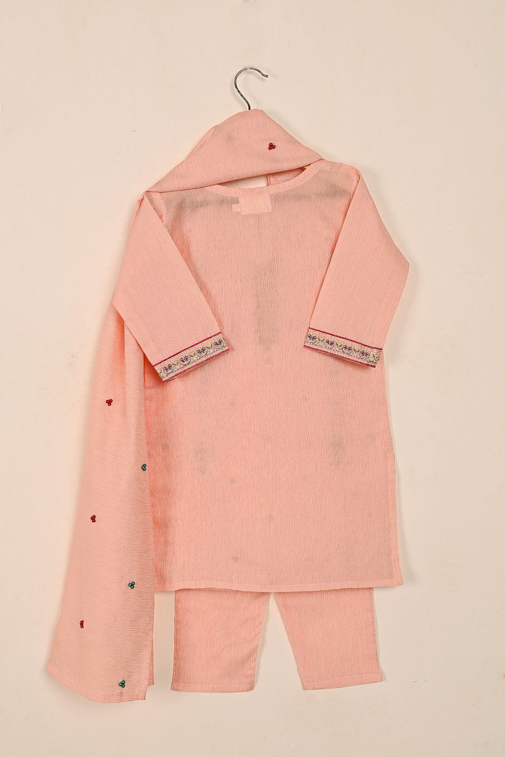 TKF-133-Peach - Kids 3Pc Ready to Wear Embroidered Slub Cotton Dress