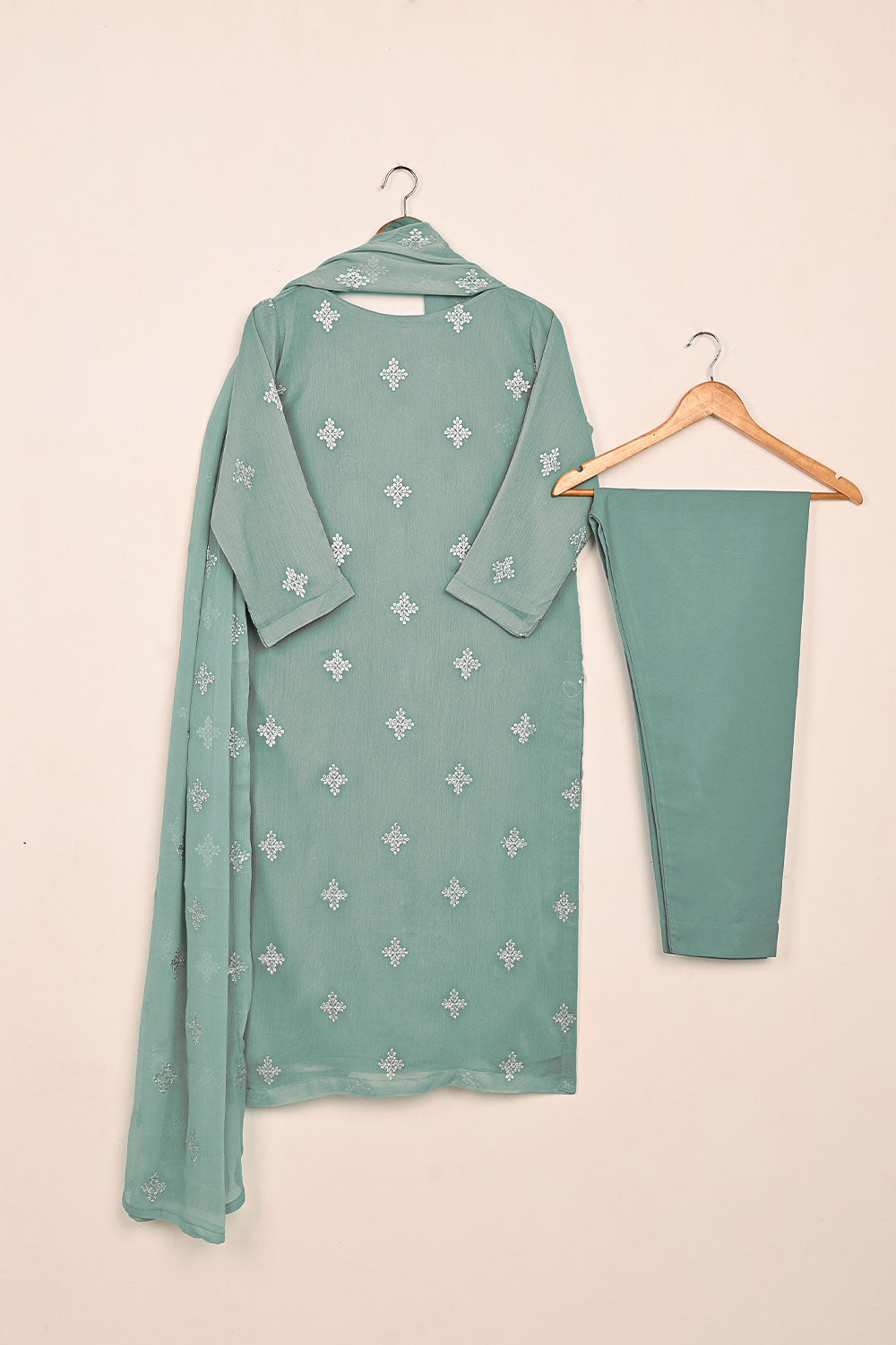 RTW-212-Cyan- 3Pc Ready to Wear Embroidered Chiffon Dress