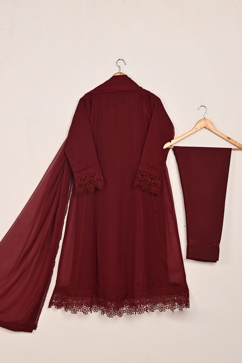 RTW-195-Maroon - 3Pc Ready To Wear Chiffon Frock