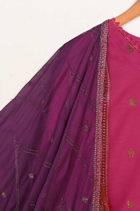 3SP-13B-Fuchsia - 3PC COTTON EMBROIDERED Dress With Chiffon Embroidered Dupatta