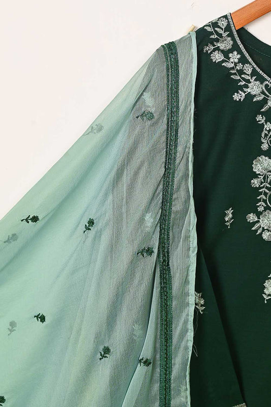 3SP-16B-Green - 3PC COTTON EMBROIDERED Dress With Chiffon Embroidered Dupatta