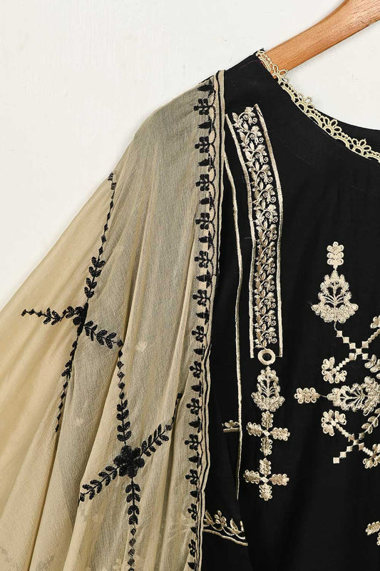 3SP-4C-BLACK - 3PC CAMBRIC EMBROIDERED Dress With Chiffon Embroidered Dupatta