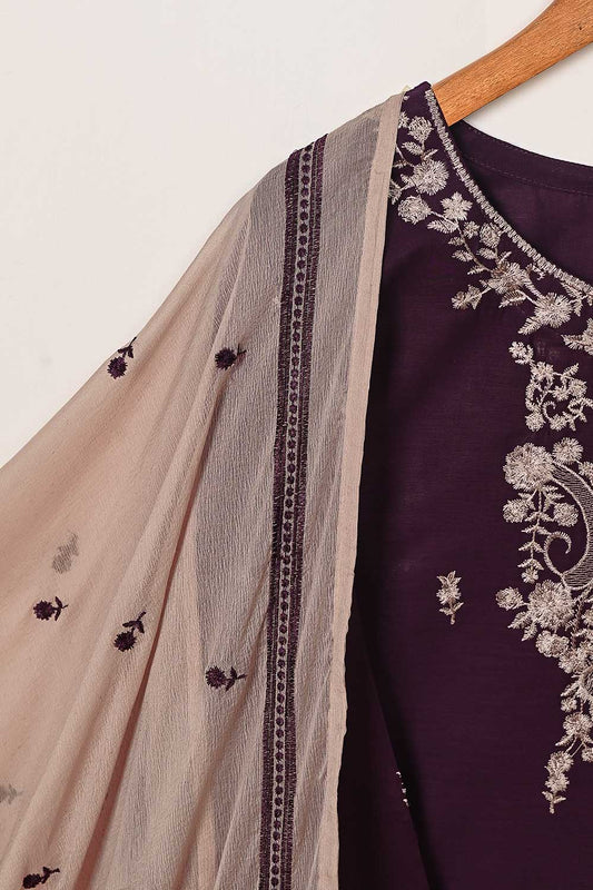 3SP-16A-Purple - 3PC COTTON EMBROIDERED Dress With Chiffon Embroidered Dupatta