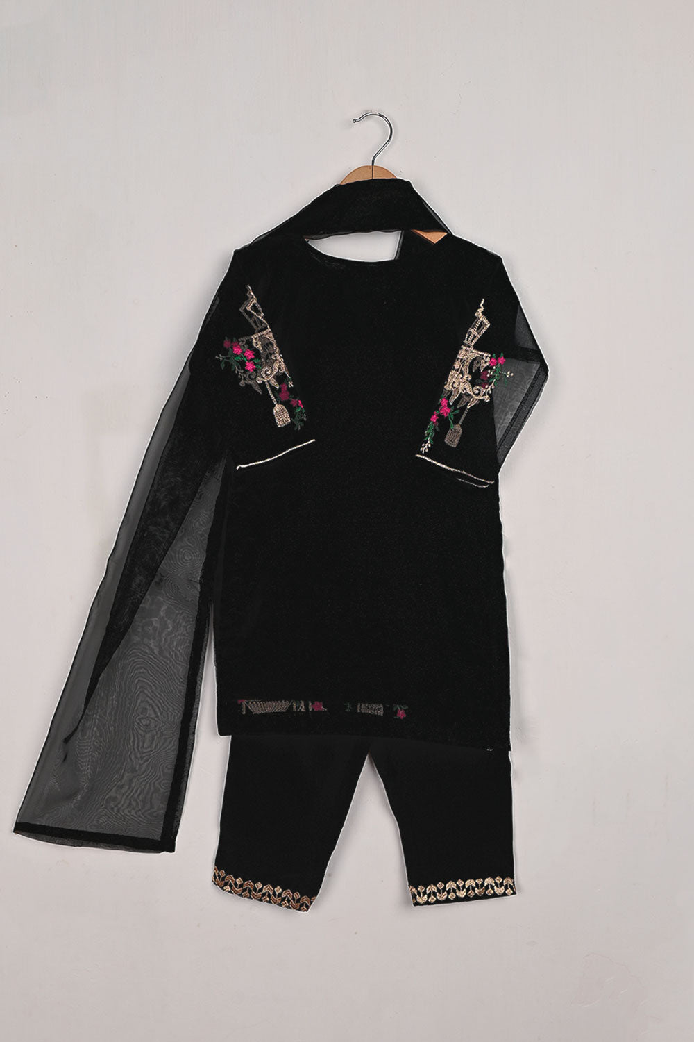 TKF-106-Black - Kids 3Pc Ready to Wear Organza Formal Embroidered Dress