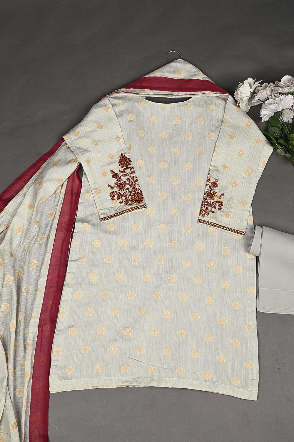 RTW-164-Grey - 3Pc Stitched Jacquard Paper Cotton Embroidered Dress