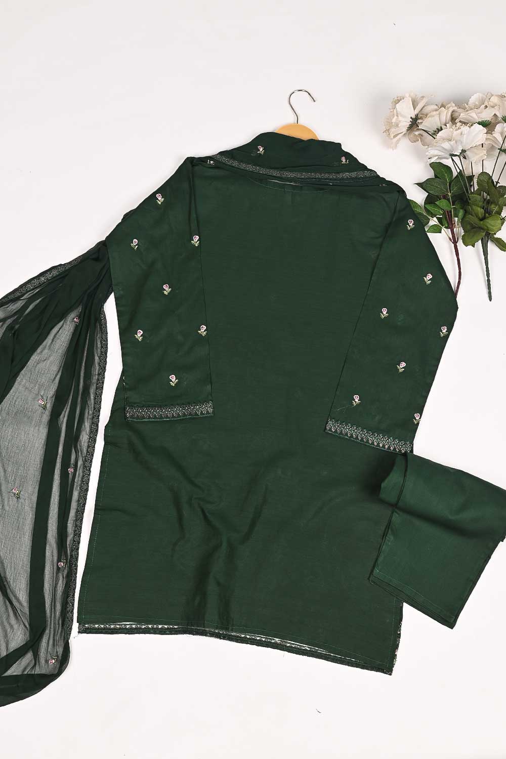 3SP-18A-Green - 3PC COTTON EMBROIDERED Dress With Chiffon Embroidered Dupatta