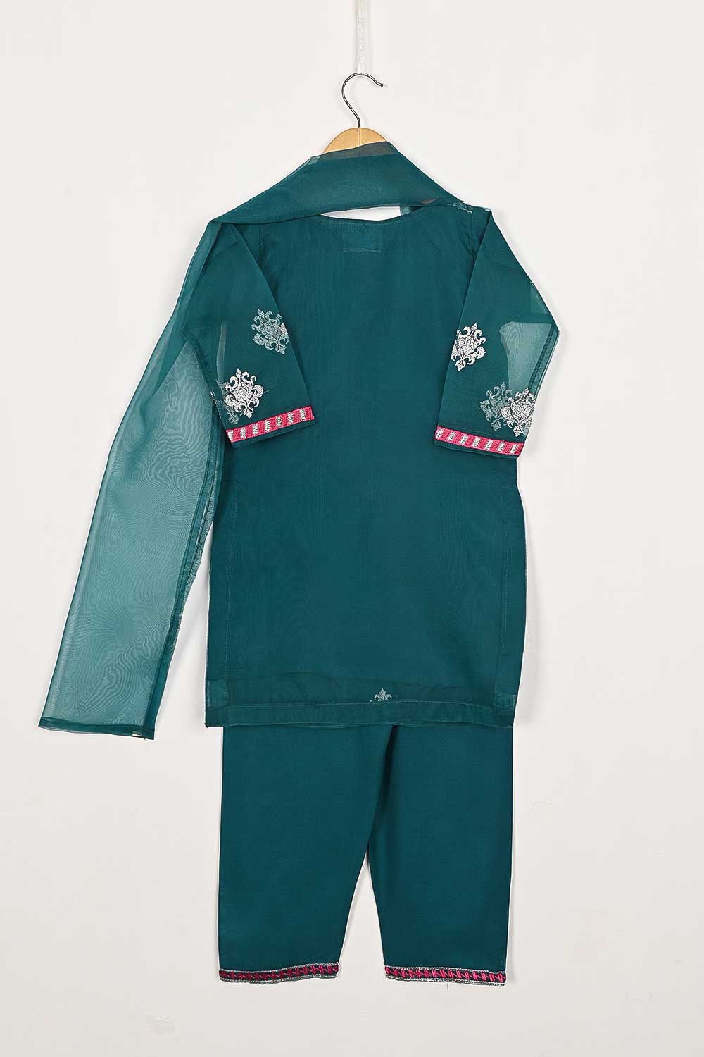 TKF-87-Turquoise - Kids 3Pc Organza Formal Embroidered Dress With Malai Trouser