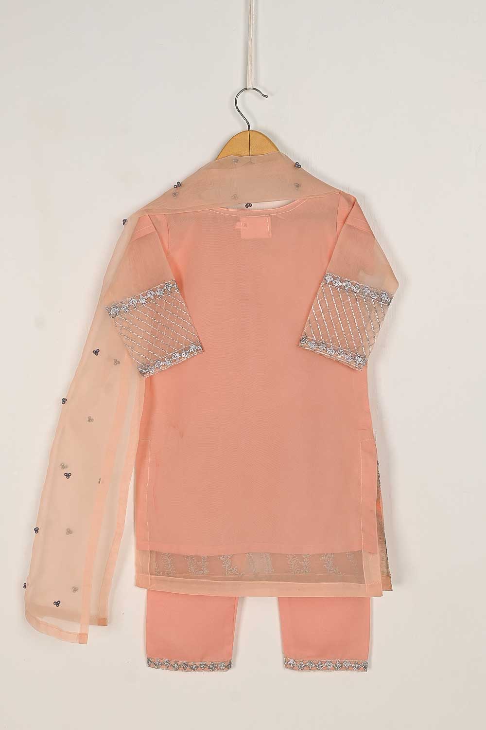 TKF-61-Peach - Kids 3Pc Organza Formal Embroidered Dress With Malai Trouser