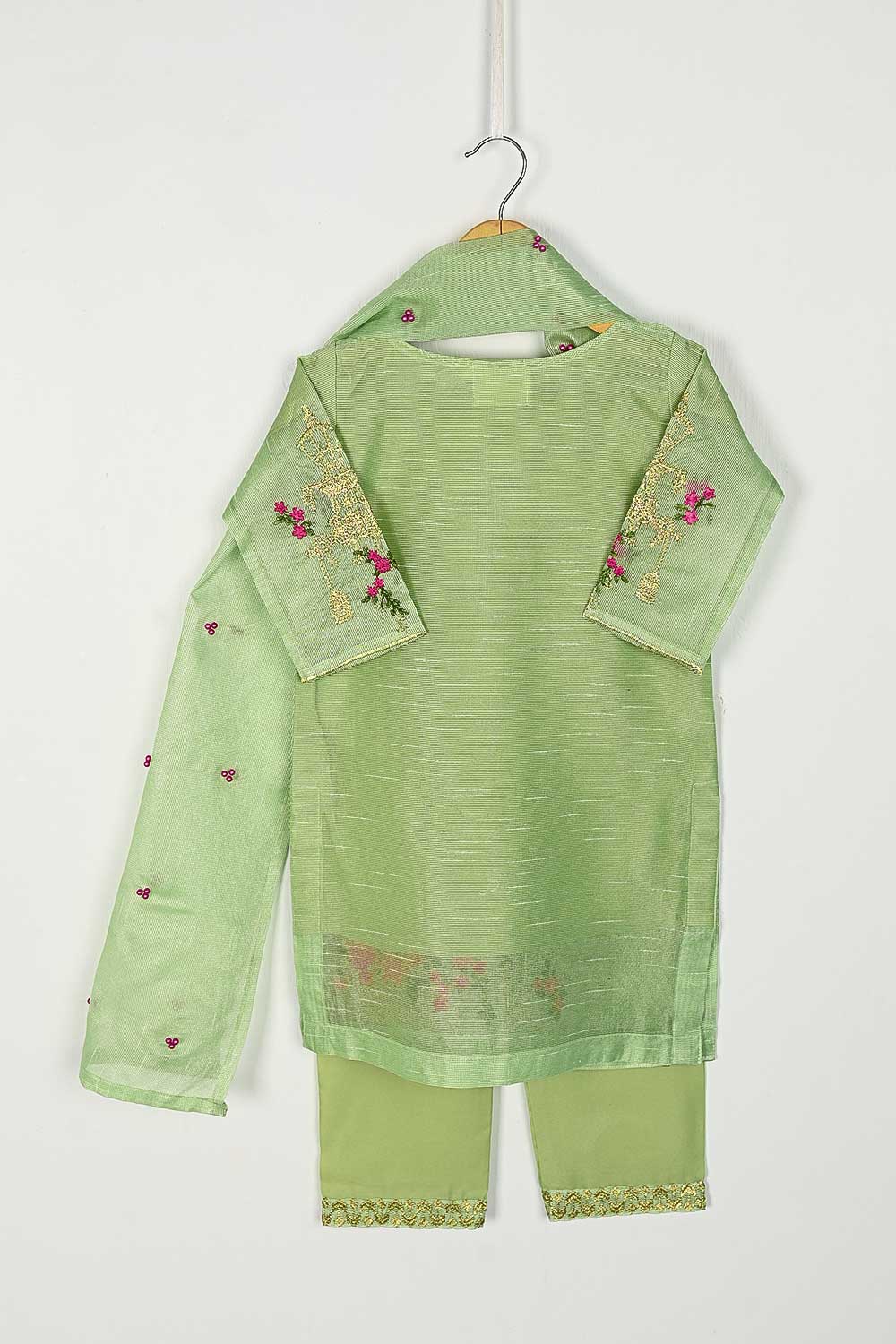 TKF-48-Pista - Kids 3Pc Javeria Net Dress With Malai Trouser