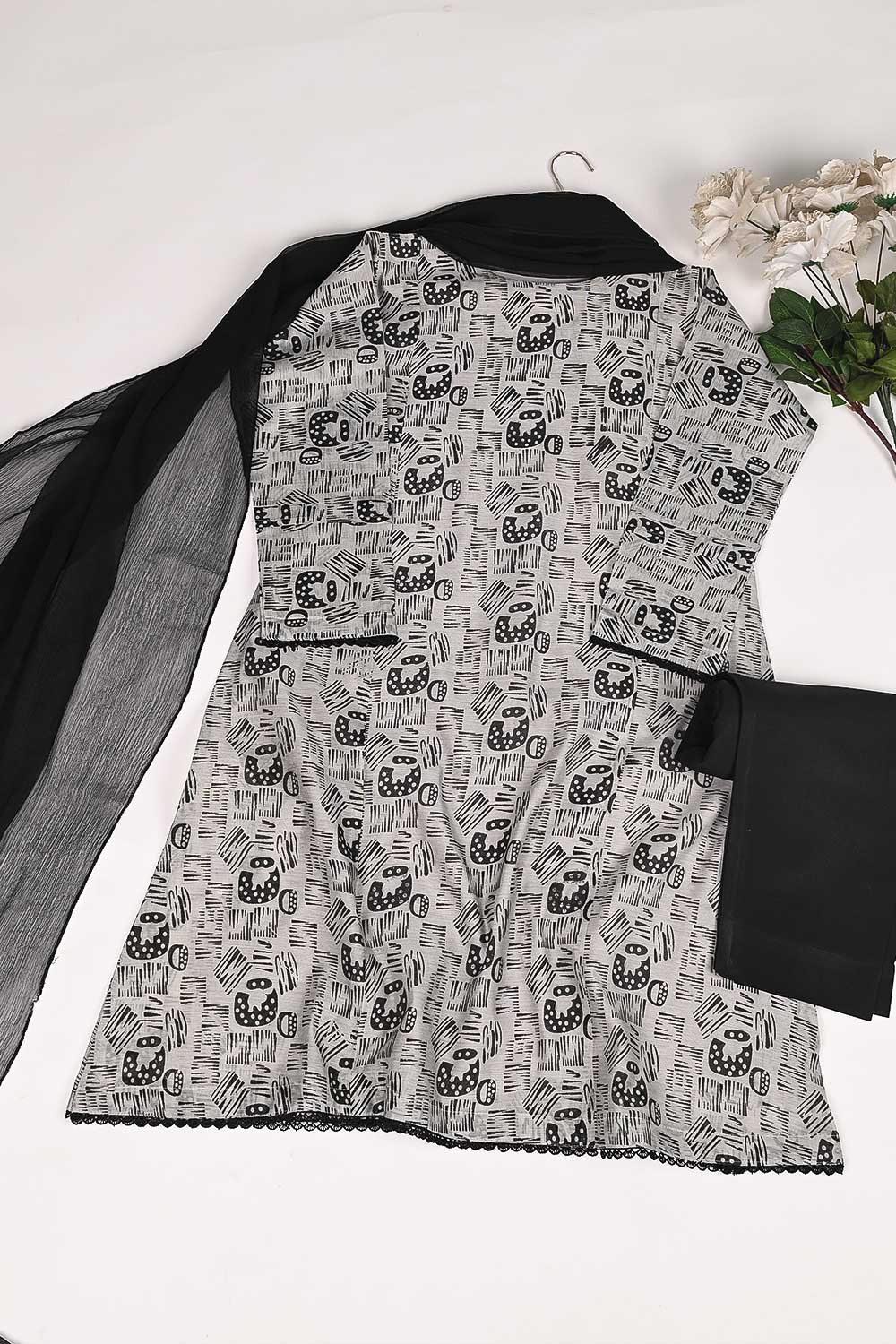 RTW-160-Grey - 3Pc Stitched Cotton Dress