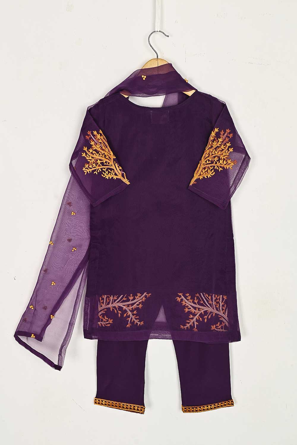 TKF-38-Purple - Kids 3Pc Organza Formal Embroidered Dress With Malai Trouser