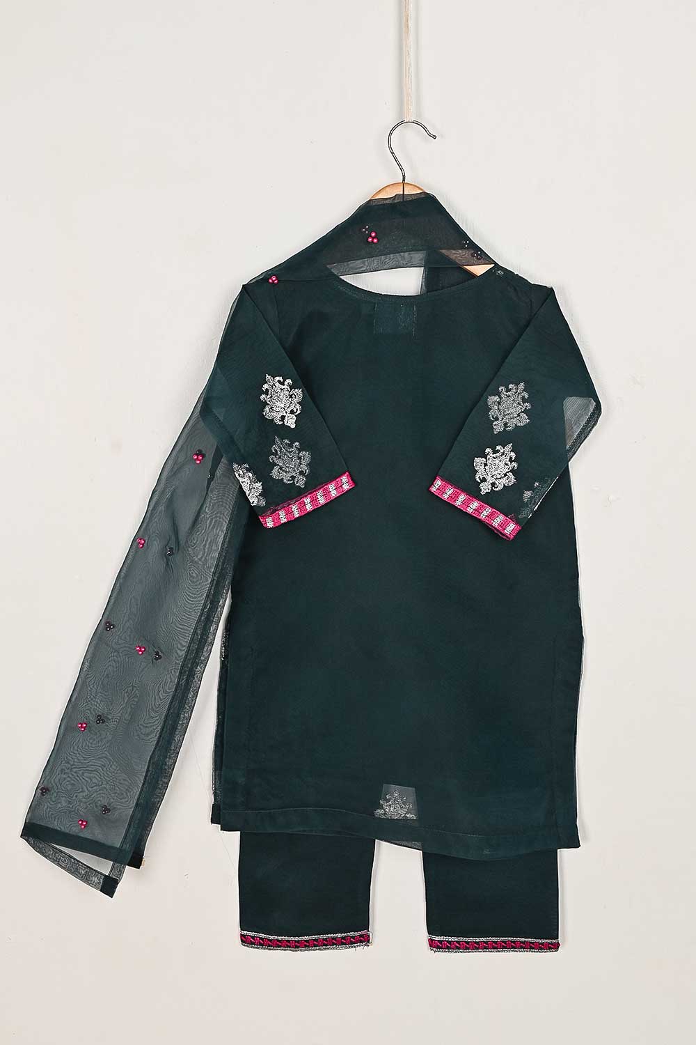TKF-64-Turquoise - Kids 3Pc Organza Formal Embroidered Dress With Malai Trouser
