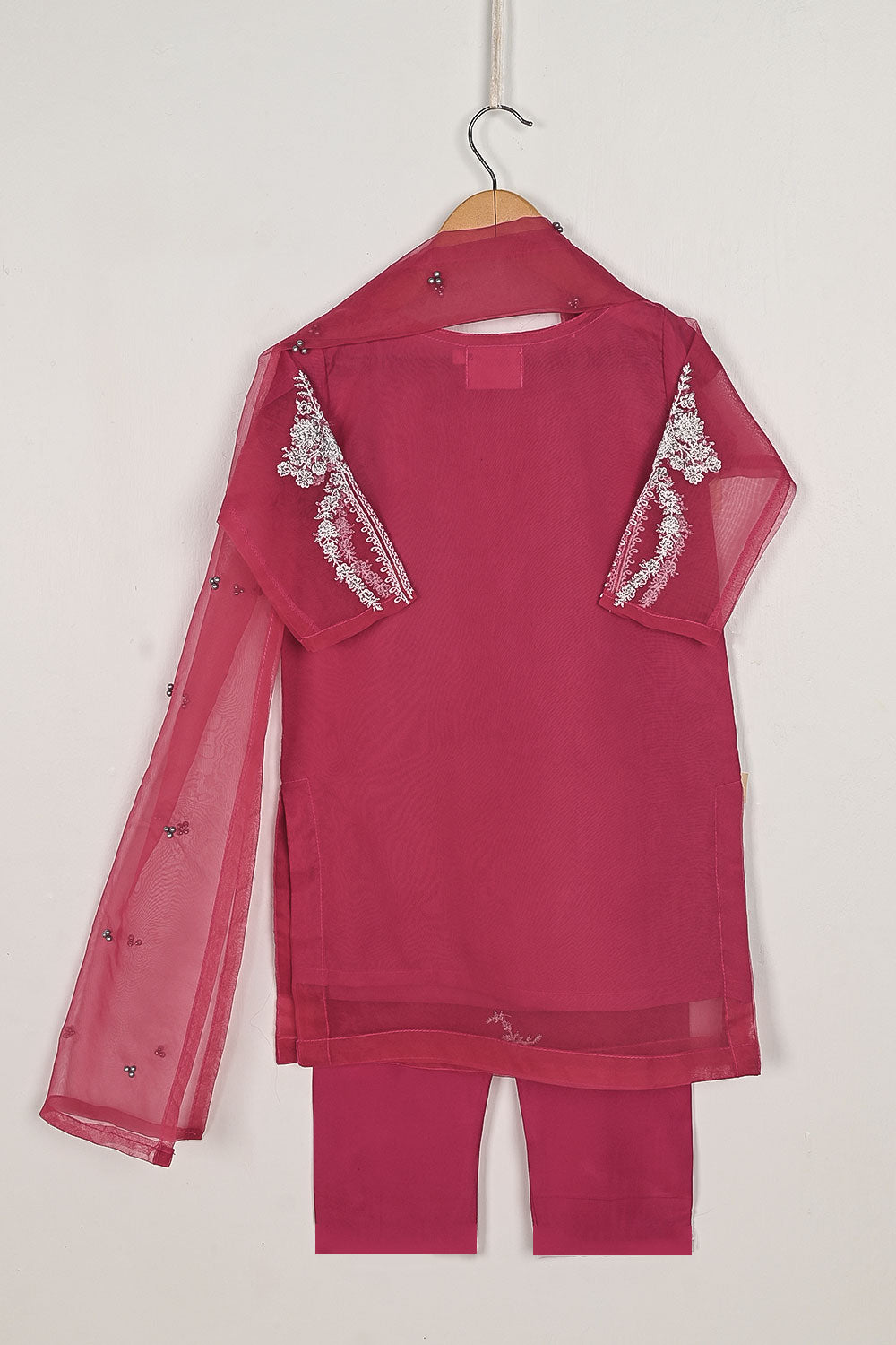 TKF-60-Fuchsia - Kids 3Pc Organza Formal Embroidered Dress With Malai Trouser