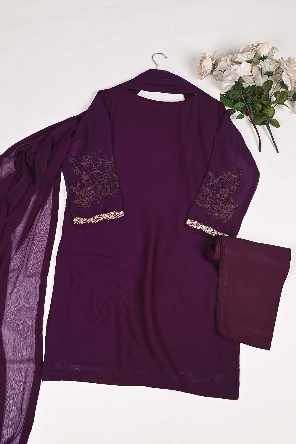 RTW-163-Purple - 3Pc Stitched Chiffon Embroidered Dress