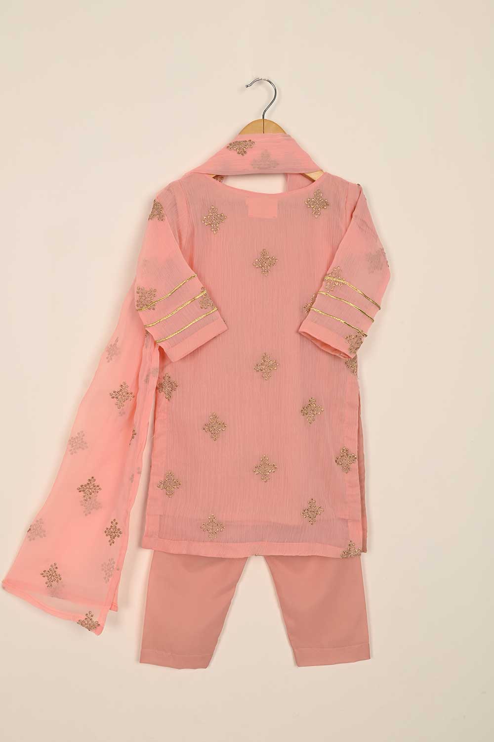 TKF-115- Peach - Kids 3Pc Chiffon Embroidered Dress