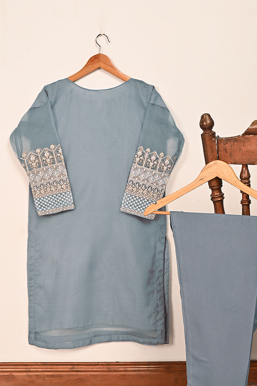STP-091B-Grey - 2PC Organza Embroidered Stitched