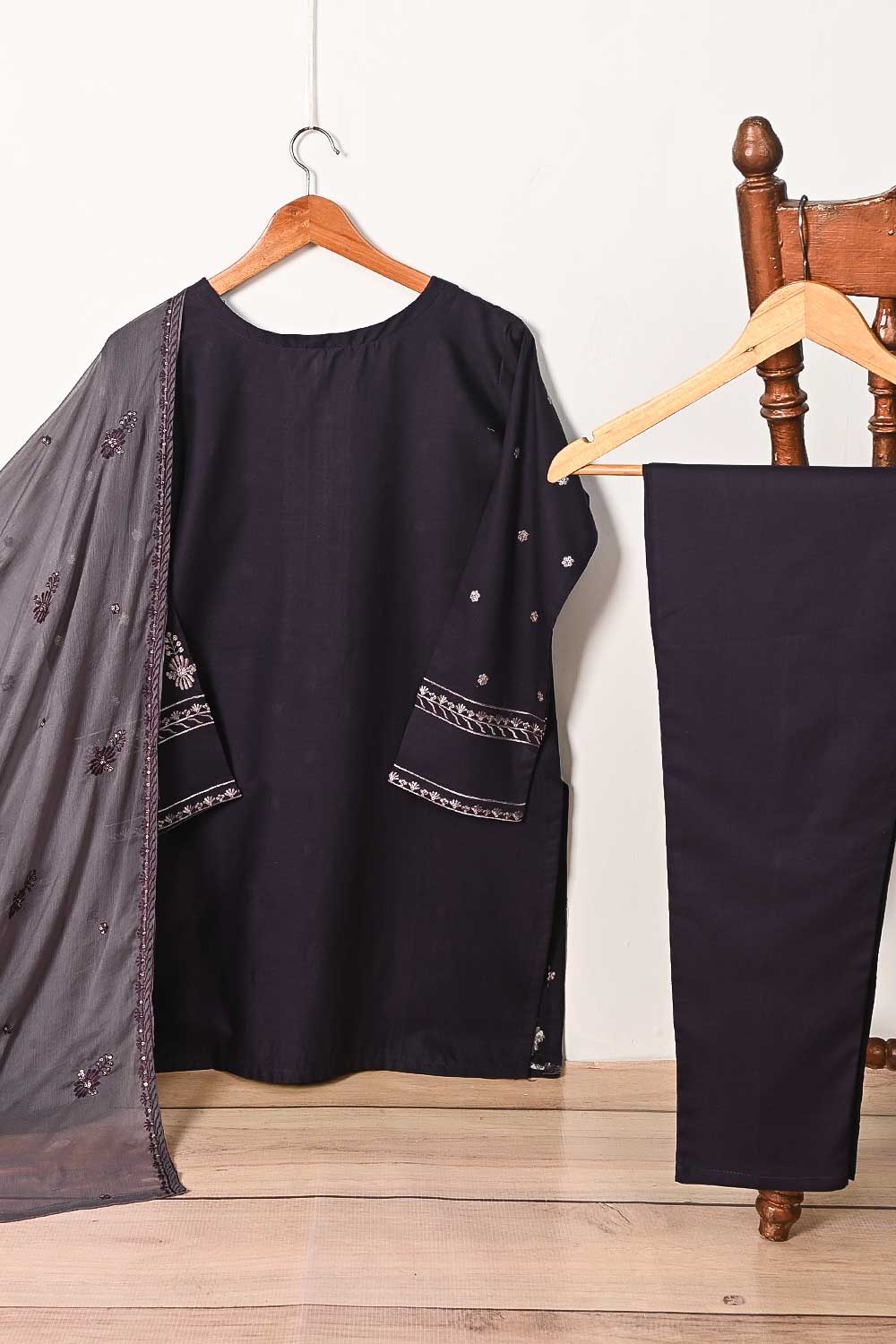 3SP-15B-DarkPurple - 3PC COTTON EMBROIDERED Dress With Chiffon Embroidered Dupatta