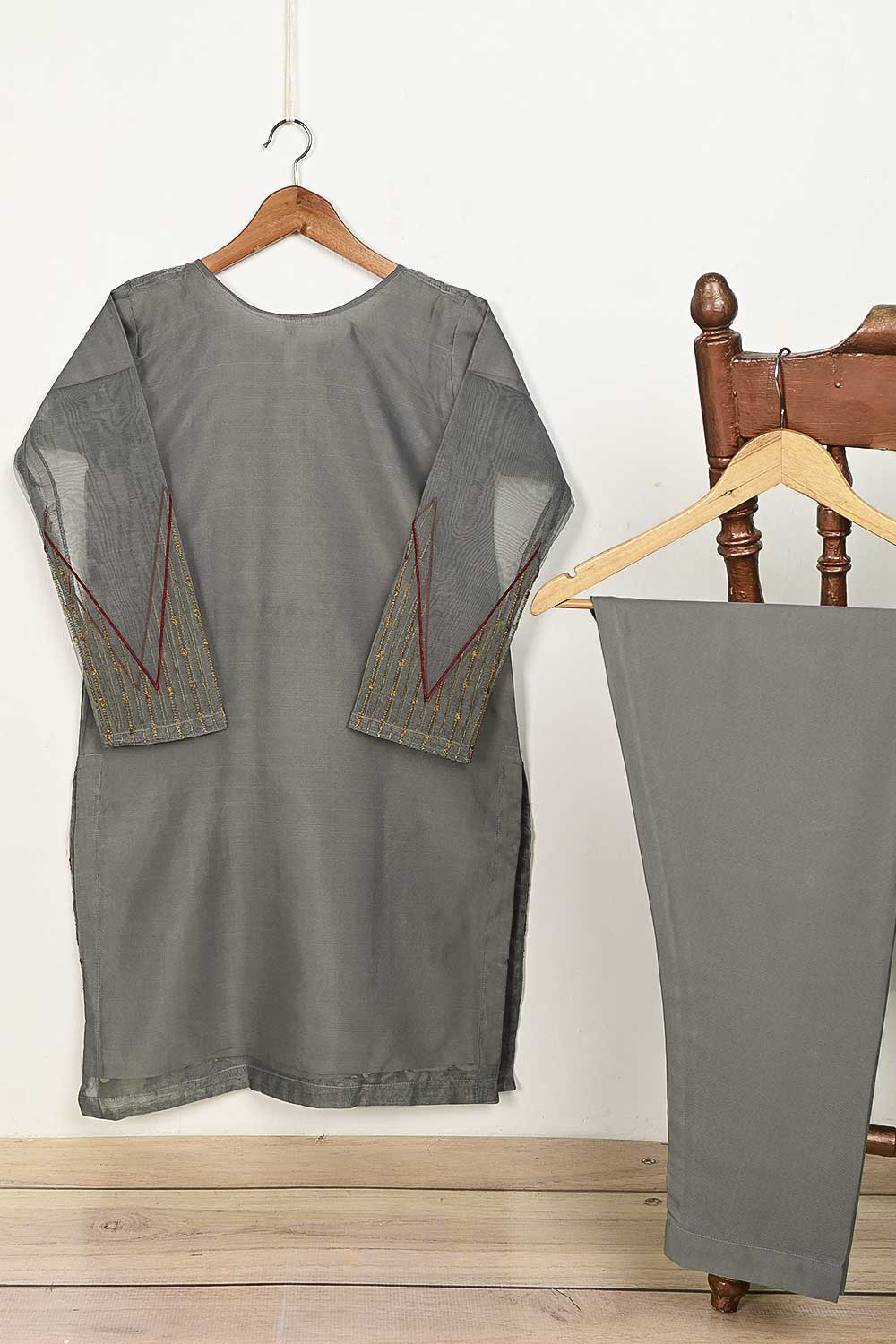STP-162A-Grey - 2Pc Organza Embroidered With Malai Trouser