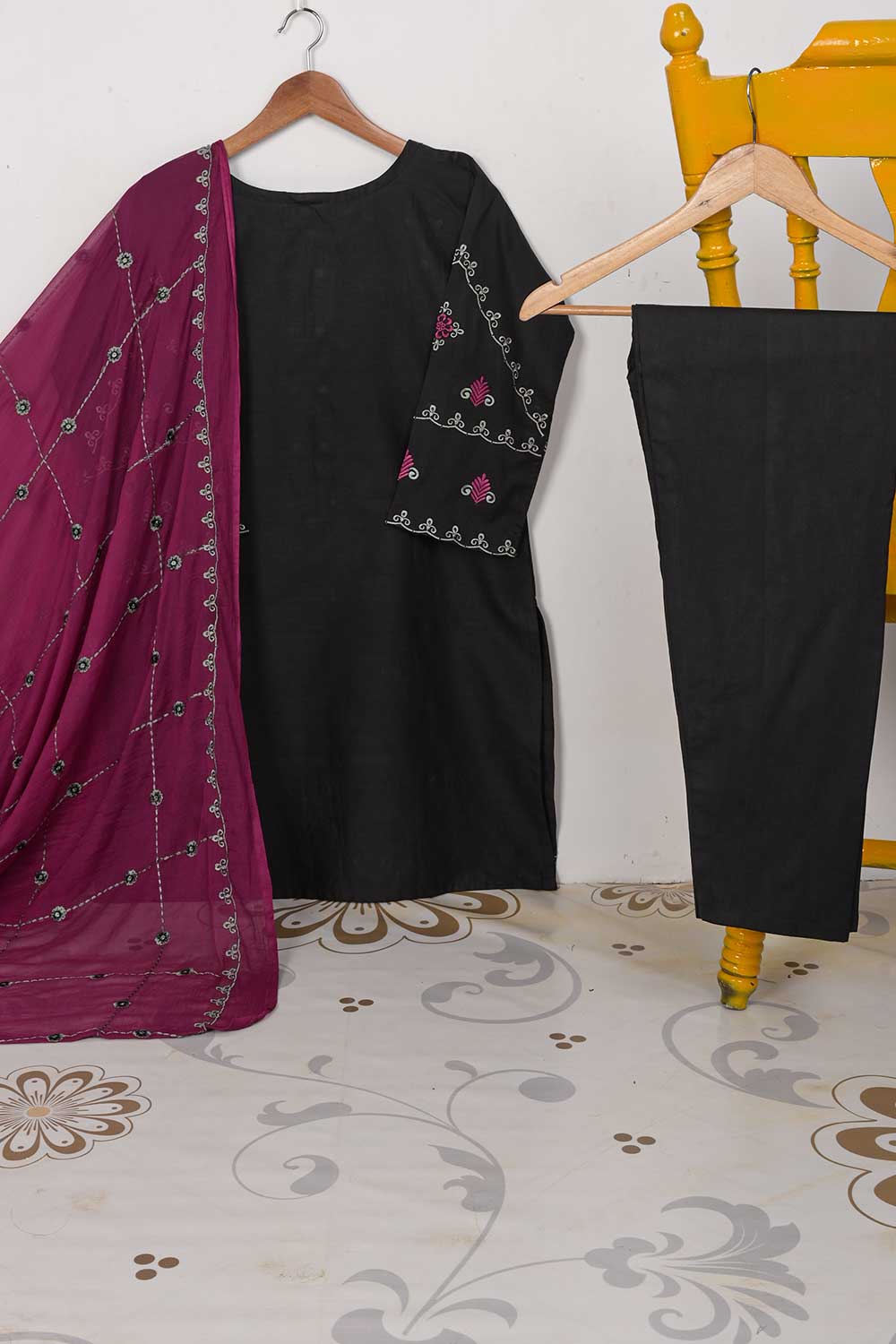 3SP-3B-DarkGrey - 3PC CAMBRIC EMBROIDERED Dress With Chiffon Embroidered Dupatta