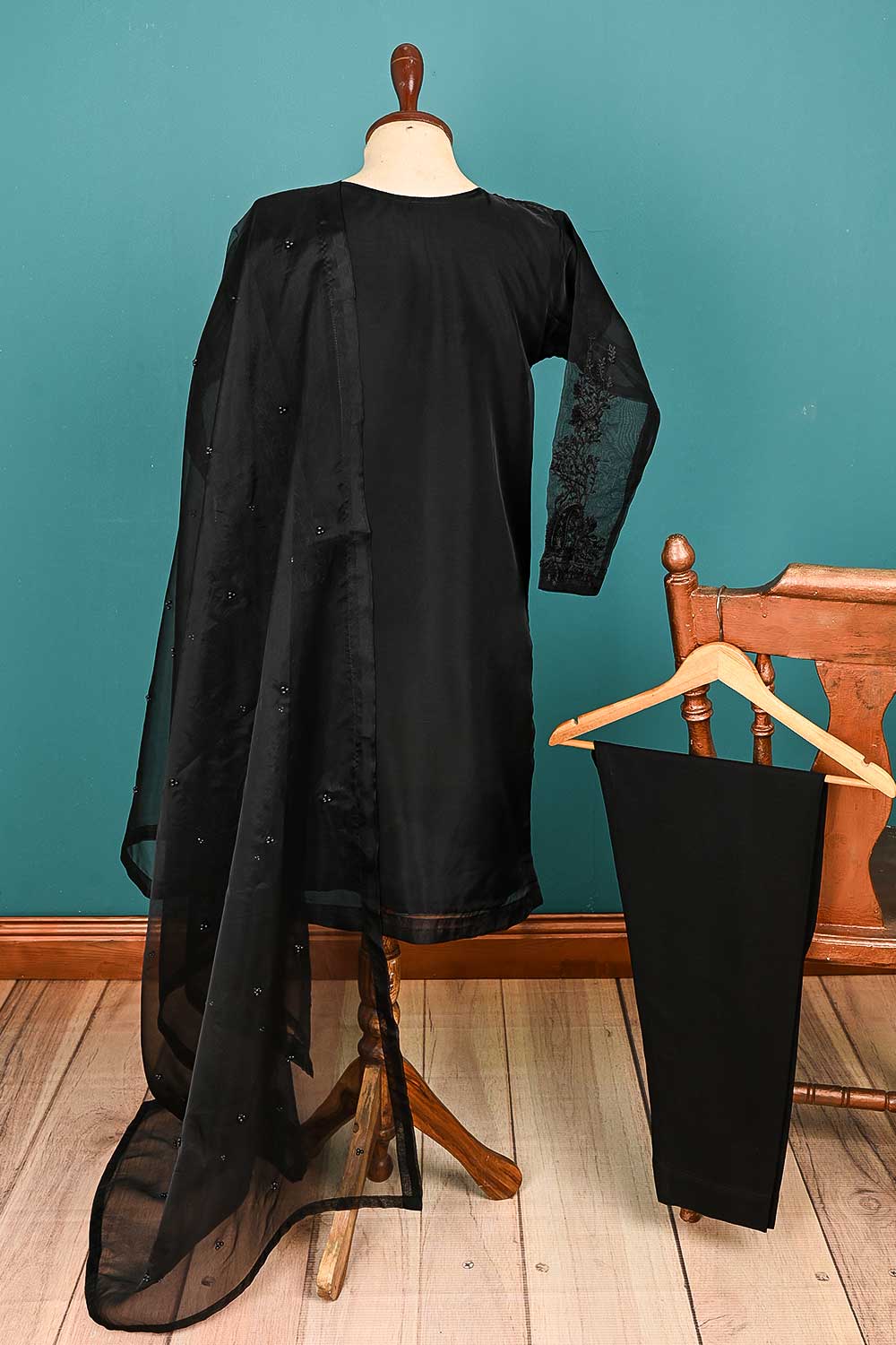 RTW-61-Black - 3Pc Stitched Embroidered Organza Dress