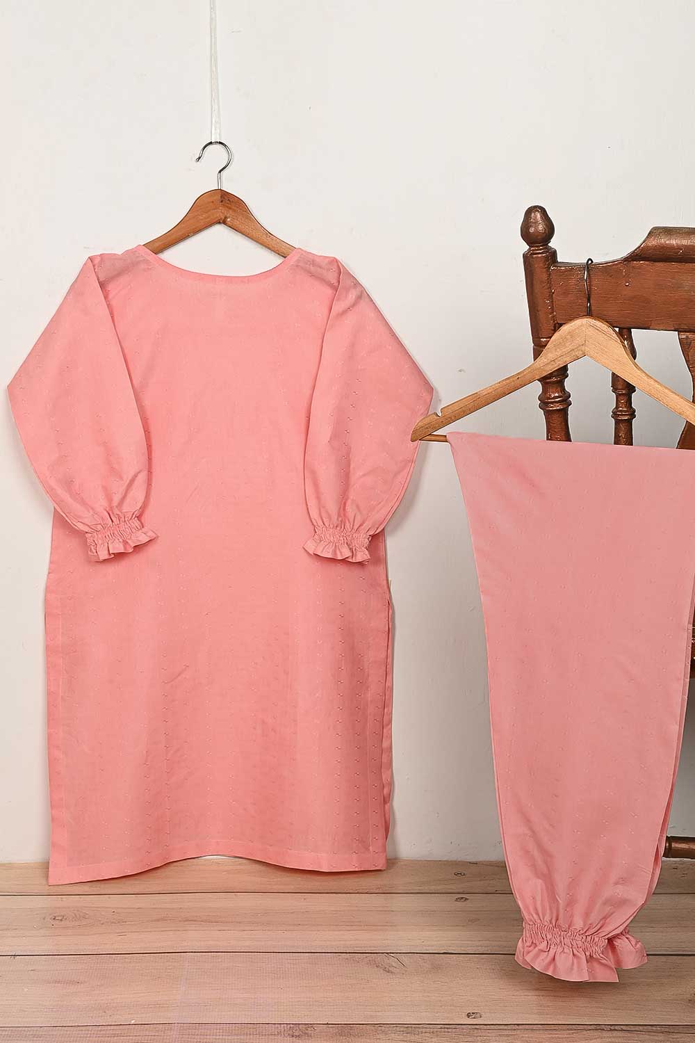 STP-164C-Peach - 2Pc Pc Jacquard Paper Cotton Dress With Pc Jacquard Paper Cotton Trouser