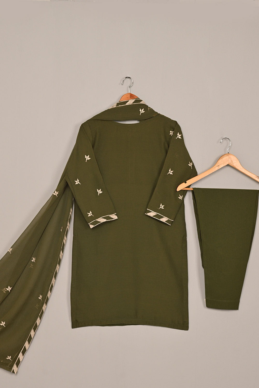 RTW-199-mehndi - 3Pc Ready to Wear Embroidered Chiffon Dress