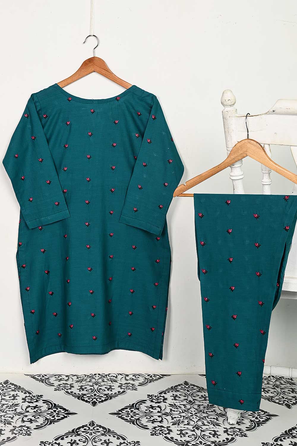 STP-143C-Turquoise - 2PC COTTON EMBROIDERED STITCHED