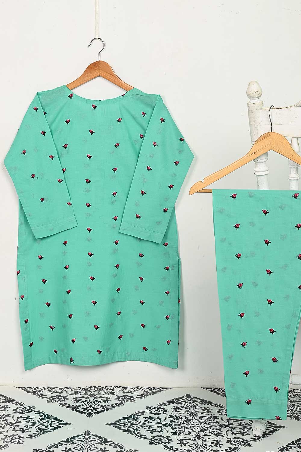STP-143D-SeaGreen - 2PC COTTON EMBROIDERED STITCHED
