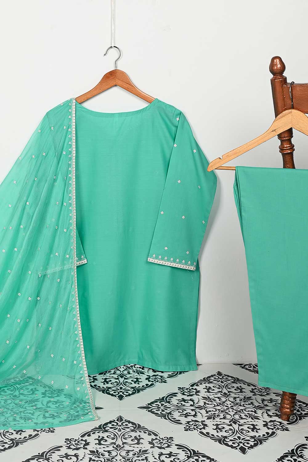 3SP-8A-SeaGreen - 3PC COTTON EMBROIDERED Dress With Chiffon Embroidered Dupatta