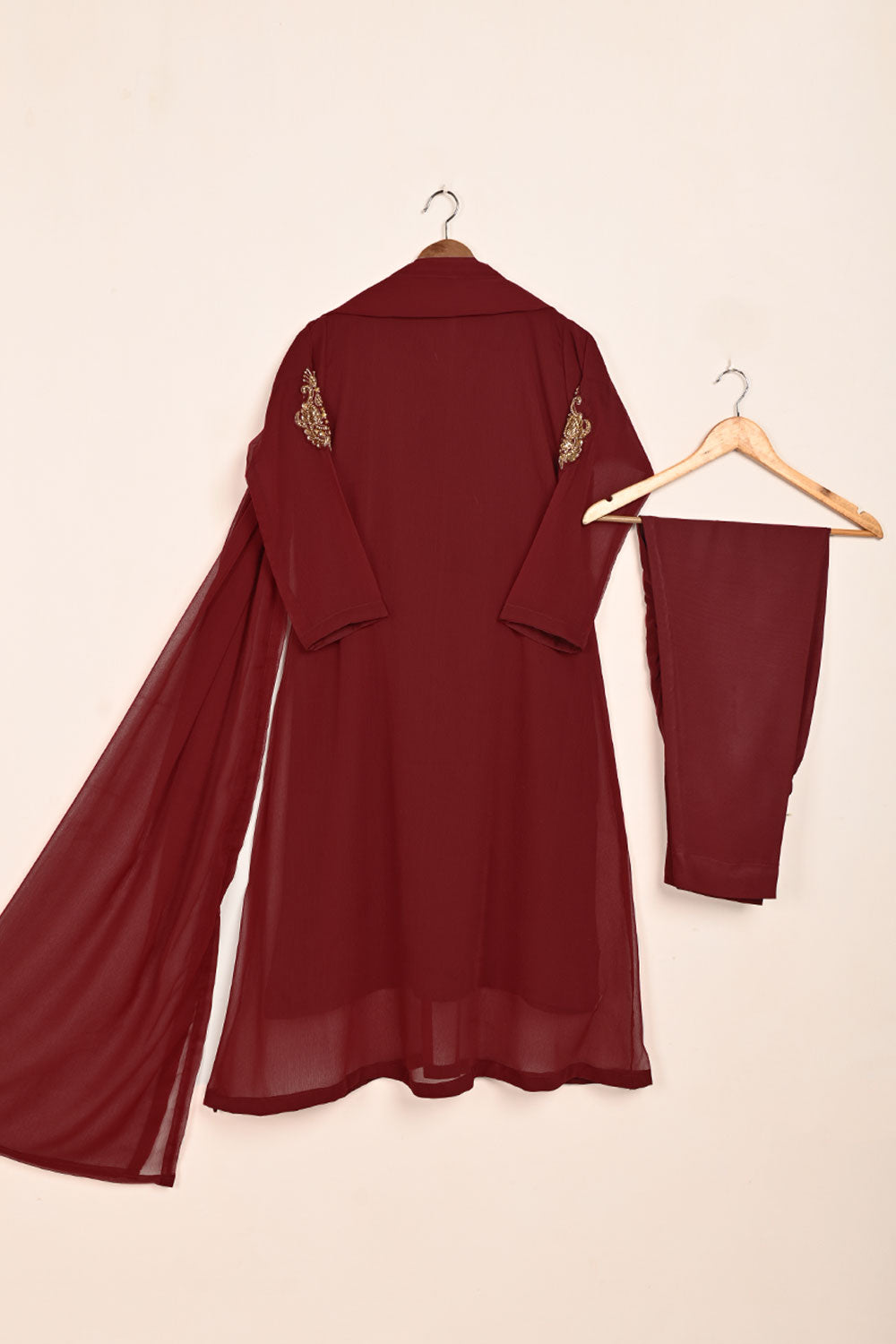 RTW-182-Maroon- 3Pc Ready To Wear Chiffon Adda Work Frock