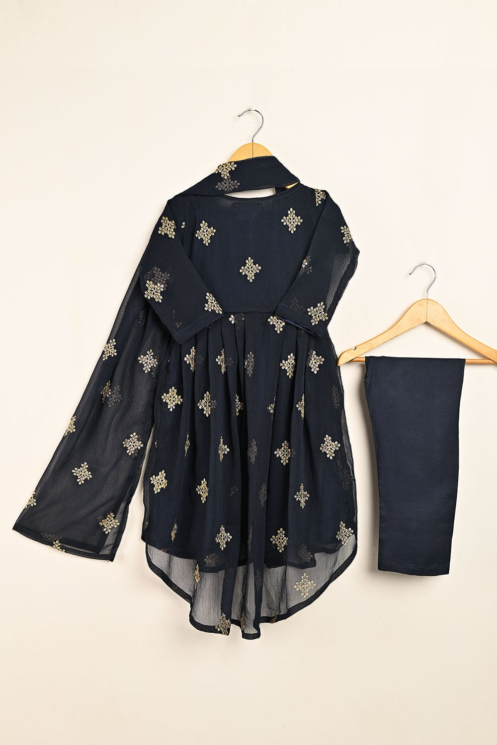 TKF-123-Navy Blue - Kids 3Pc Chiffon Embroidered Frock