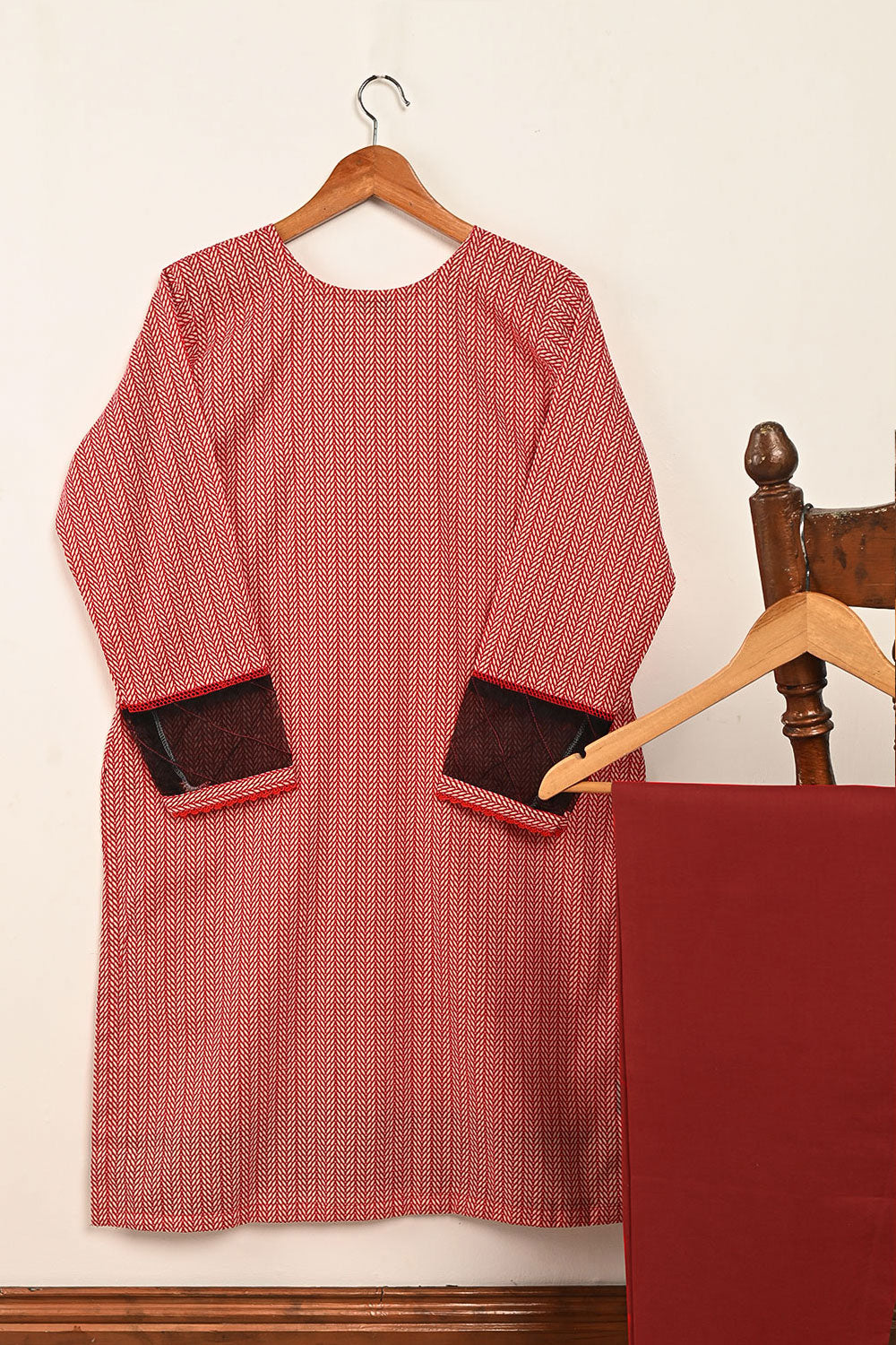 STP-183-RED - 2PC COTTON STITCHED DRESS