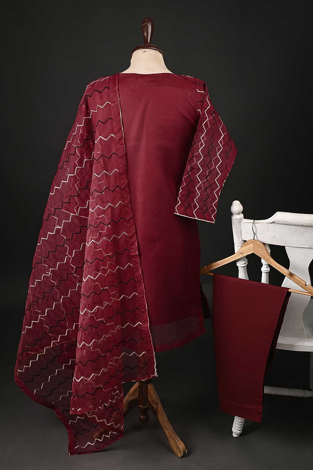 RTW-84-Maroon - 3Pc Stitched Embroidered Organza Dress