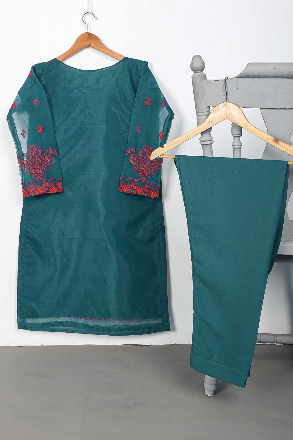 STP-083A-Turquoise - 2Pc Organza Embroidered With Malai Trouser