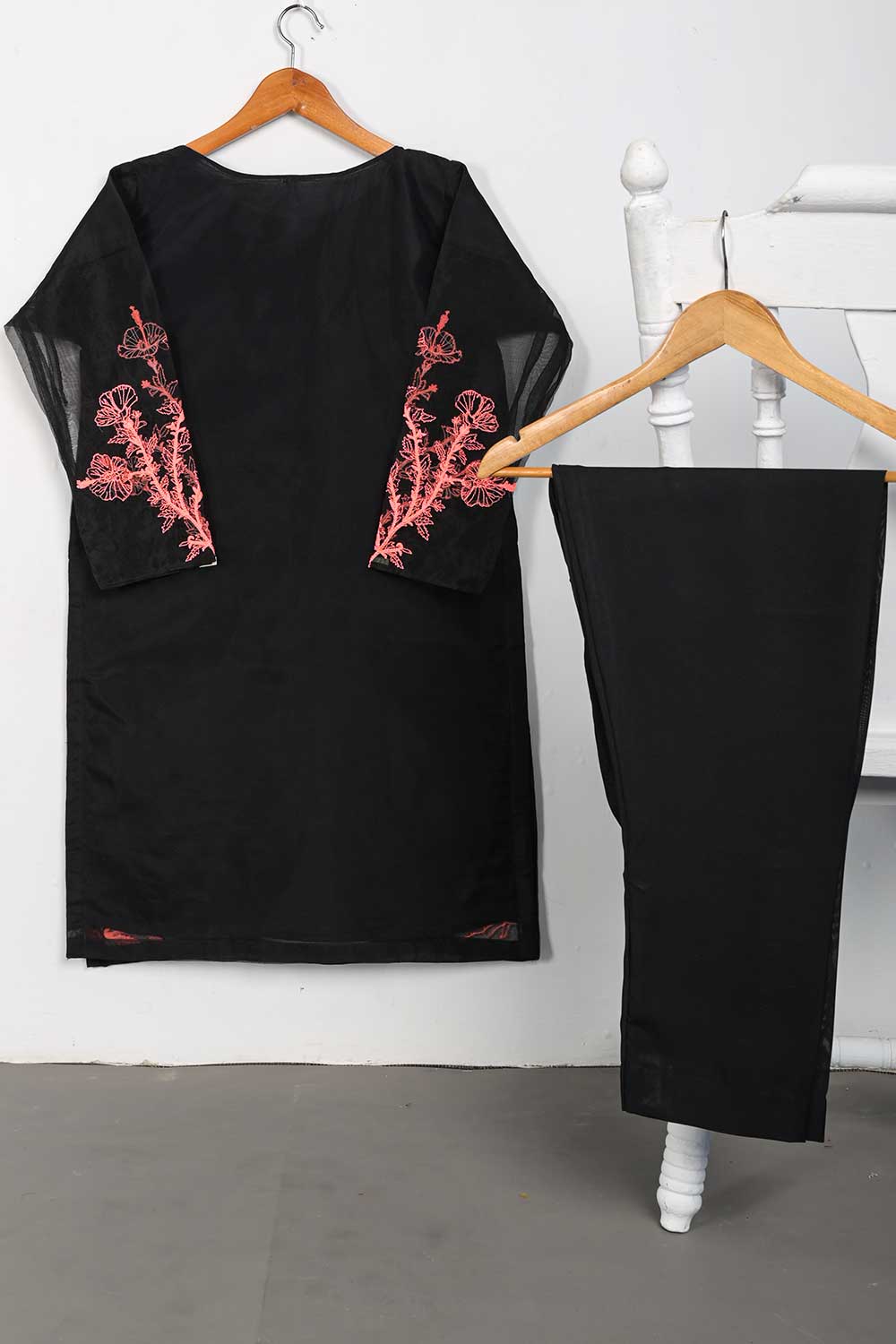 STP-092A-Black - 2Pc Organza Embroidered With Malai Trouser