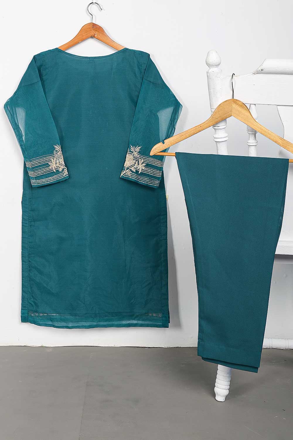 STP-071B-Turquoise - 2Pc Organza Embroidered With Malai Trouser