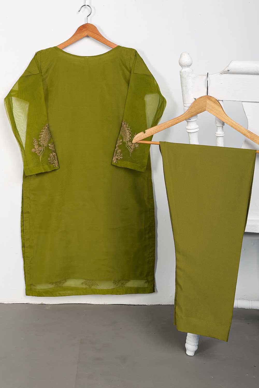 STP-080B-Moss - 2Pc Organza Embroidered With Malai Trouser