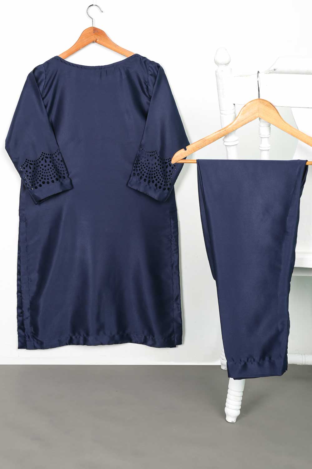 STP-096B-NavyBlue - 2Pc Silk Laser Cutwork With Silk Trouser